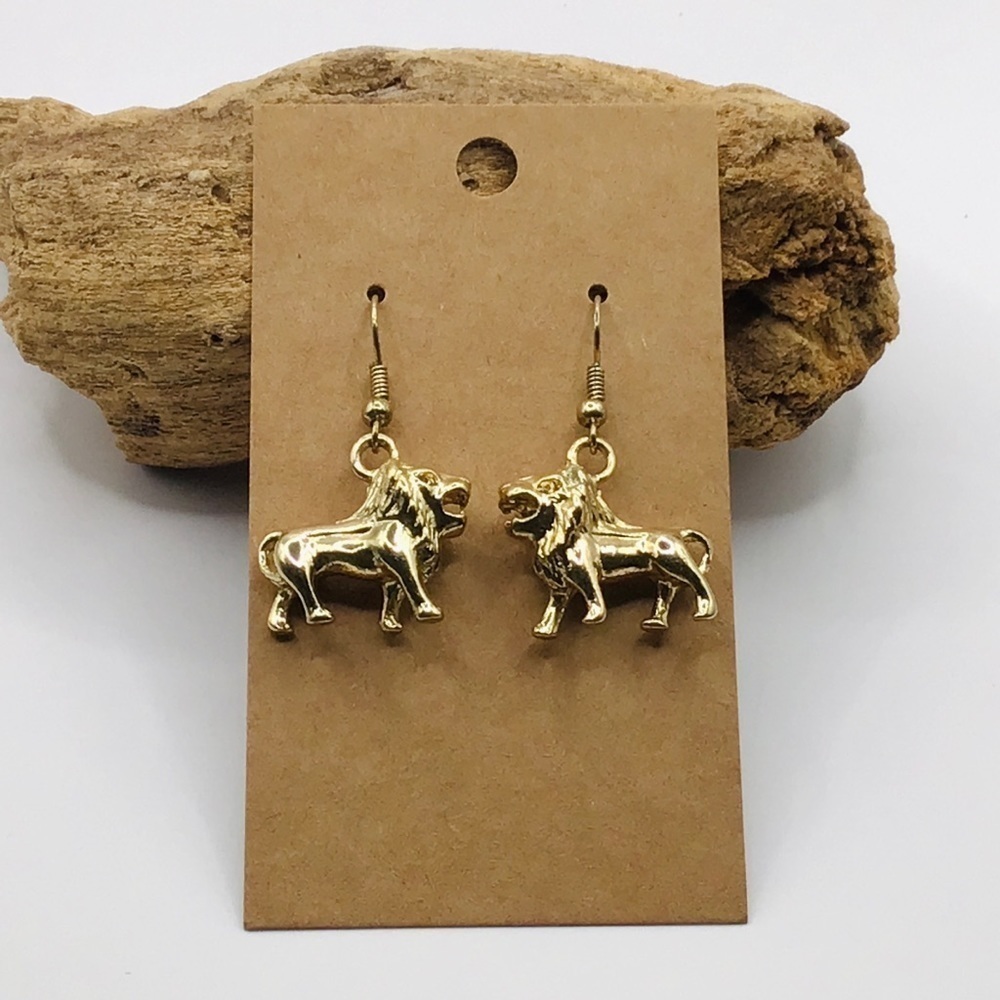 VTG Lion Earrings Gold Tone Hook Style Bob Marley Zion Cat Jungle Animal…